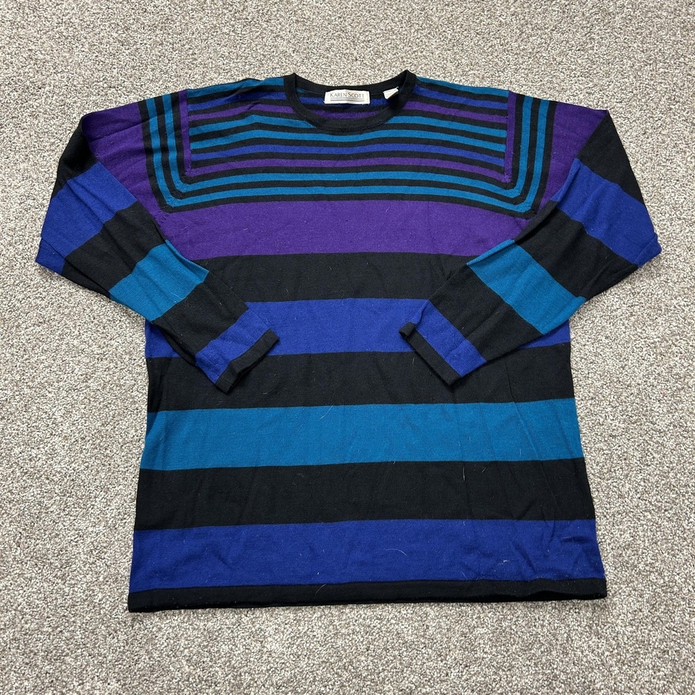 Vintage Karen Scott Sweater Womens M Multicolor Striped Crew Neck Knit Pullover